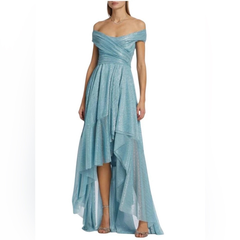 NWT TALBOT RUNHOF Shimmery⚡️Aquamarine Flowy Off-Shoulder Disco Dress - Size 10